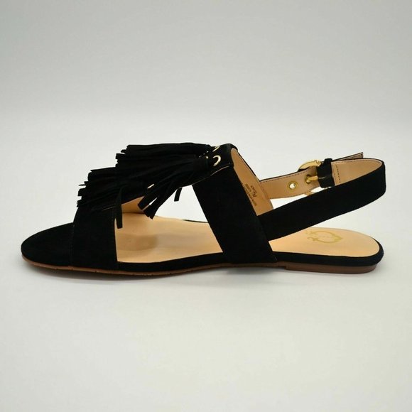 C Wonder Womens Jessica Fringed Sandal Sz 6.5M Black Suede Buckle Back Strap NEW - Picture 2 of 6